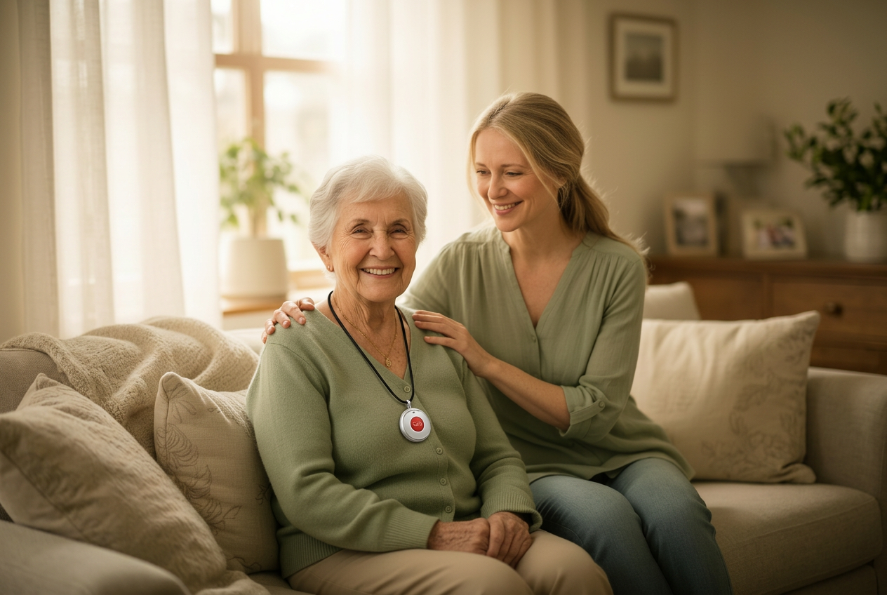 Smiling senior woman at home with her daughter